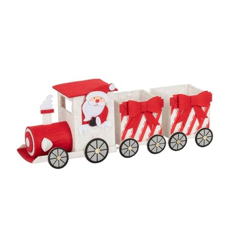 Train de Noël porte-pot 2 wagons en feutre rouge et blanc avec Père Noël 34 x 8,5 H.14 cm – déco Noël en gros