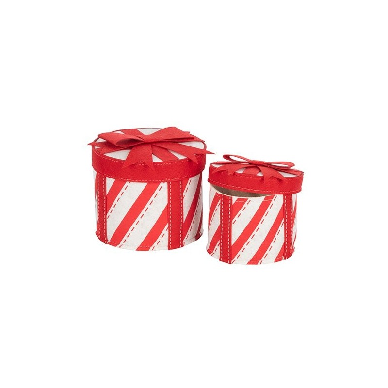 Set de 2 boîtes rondes de Noël en feutre rayé, petite Ø13 H.10,5 cm et grande Ø16 H.13 cm – grossiste en emballage cadeau