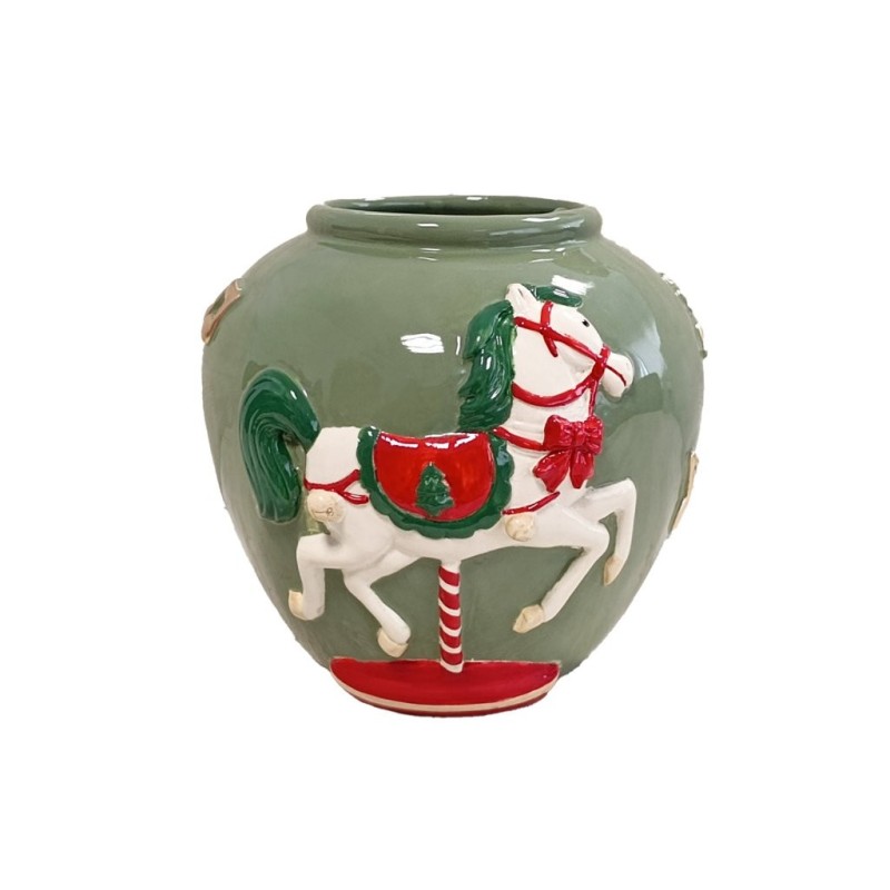 Vase boule de Noël cheval de manège vert en céramique 19,5 x 18,5 H.17,5 cm – déco Noël en gros