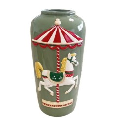 Vase haut de Noël manège et cheval vert en céramique 16,5 x 16 H.31 cm – déco Noël en gros