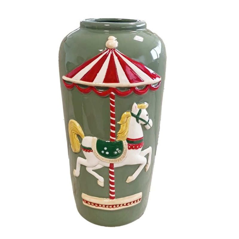 Vase haut de Noël manège et cheval vert en céramique 16,5 x 16 H.31 cm – déco Noël en gros