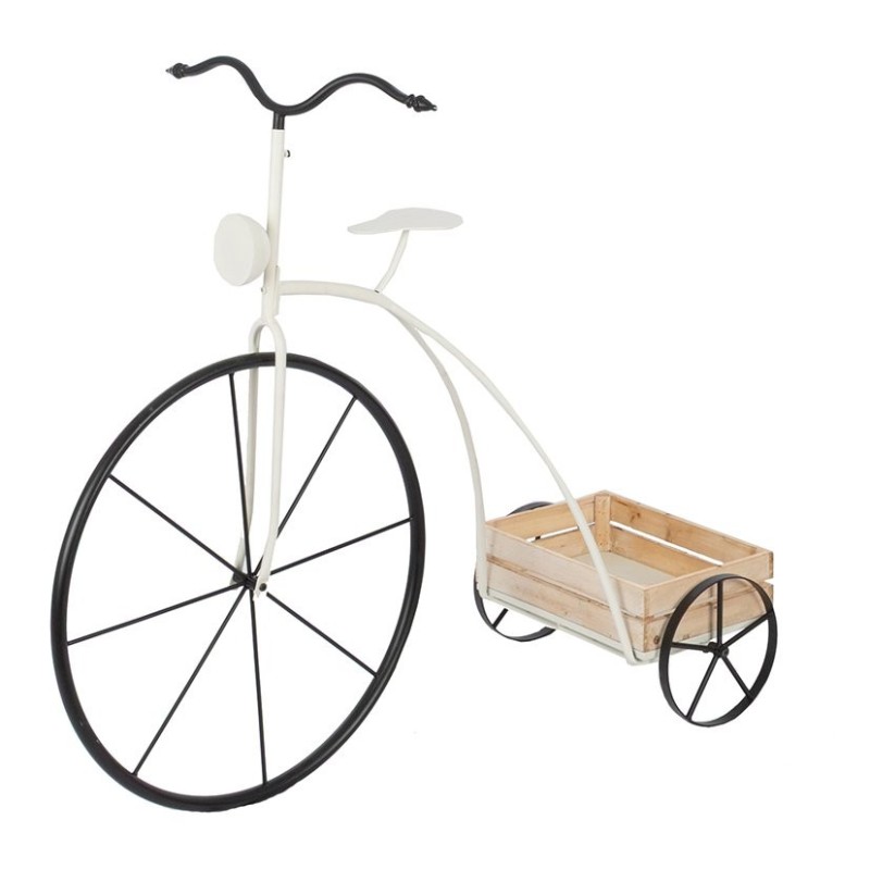 Vélo vintage porte-fleurs en métal blanc avec caisse bois  grossiste en décors de vitrine pour commerçants