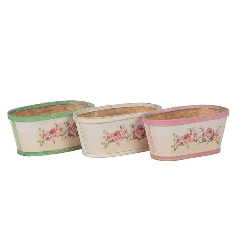 Jardinière ovale en bois bords colorés motif roses 23 x 13 H.10 cm - 3 couleurs assorties - grossiste en contenants en bois