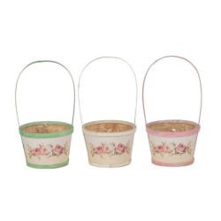 Panier rond à anse en bois bords colorés motif roses Ø15 H.10 cm (H.25 cm avec anse) - vente en gros pour fleuristes