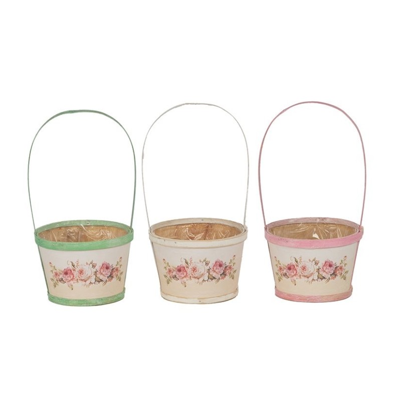 Panier rond à anse en bois bords colorés motif roses Ø15 H.10 cm (H.25 cm avec anse) - vente en gros pour fleuristes