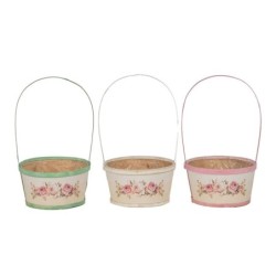 Panier rond à anse en bois bords colorés motif roses Ø19 H.10 5 cm (H.33 cm avec anse) - vente en gros pour fleuristes