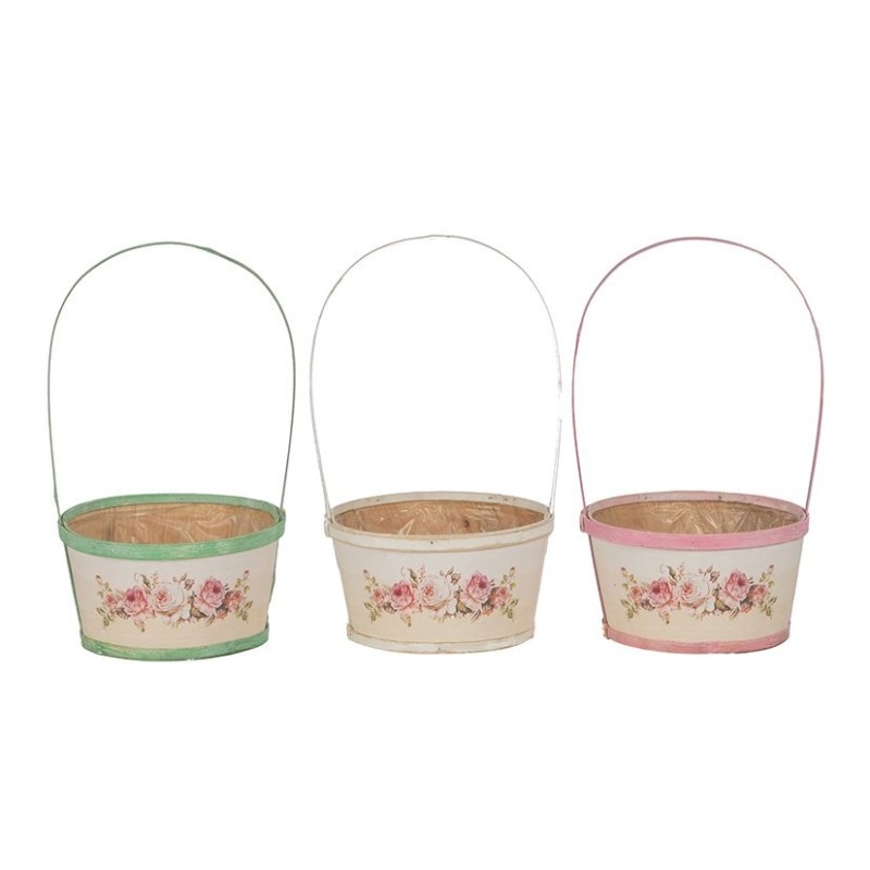 Panier rond à anse en bois bords colorés motif roses Ø19 H.10 5 cm (H.33 cm avec anse) - vente en gros pour fleuristes