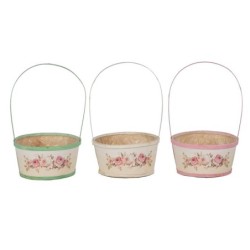 Panier rond à anse en bois bords colorés motif roses Ø22 H.11 cm (H.35 cm avec anse) - vente en gros pour fleuristes
