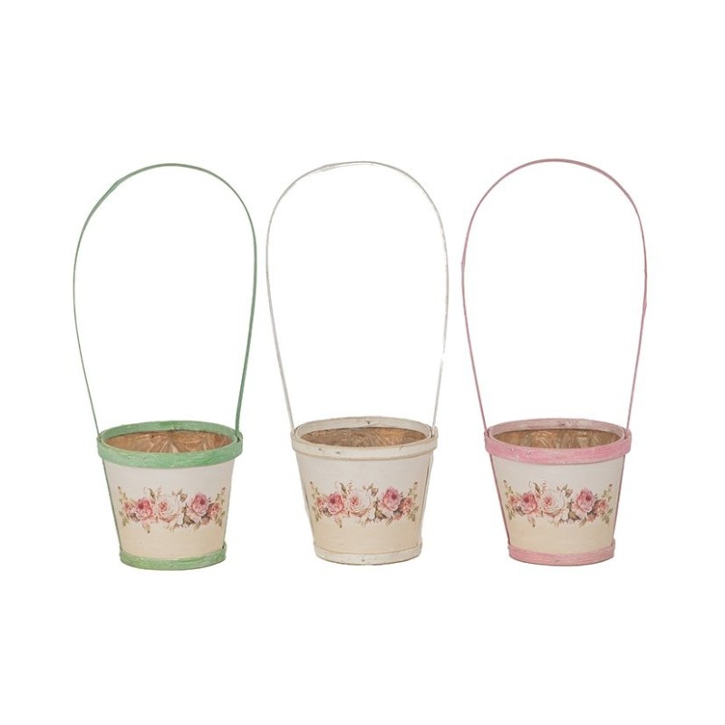Cache-pot à anse en bois bords colorés motif roses Ø12 H.10 5 cm (H.32 cm avec anse) - vente en gros pour fleuristes