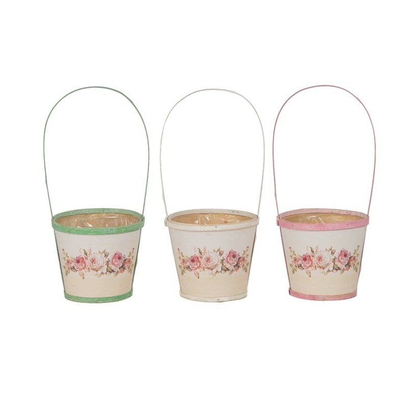 Cache-pot à anse en bois bords colorés motif roses Ø17 H.15 cm (H.37 cm avec anse) - vente en gros pour fleuristes