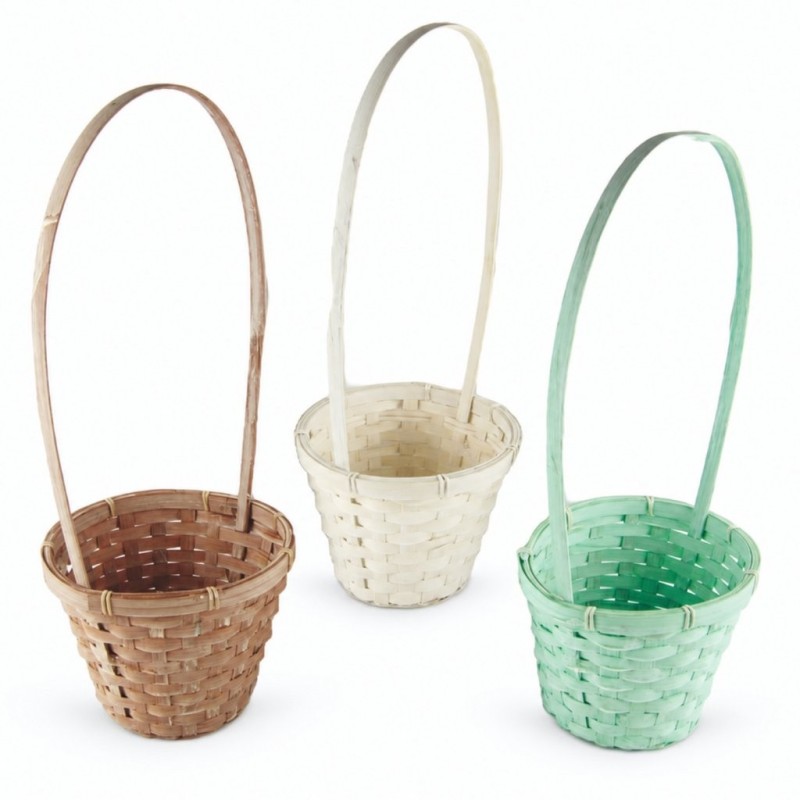 Cache-pot à anse en bambou vintage Ø18 H.15 cm (H.50 cm avec anse) - 3 couleurs assorties - grossiste en vannerie