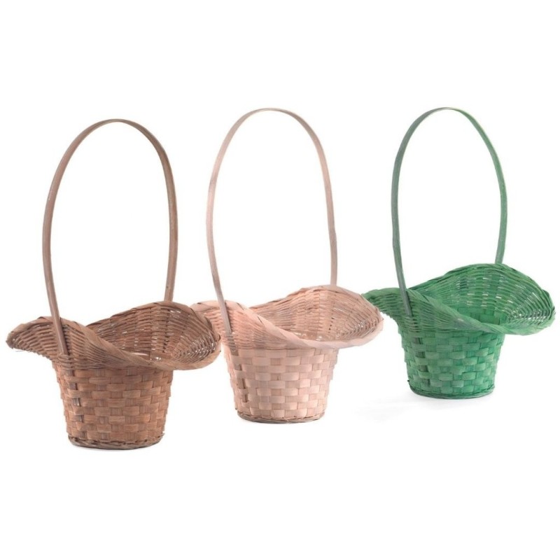 Panier chapeau à anse vintage 24 x 13 H.6 cm (H.33 cm avec anse) - 3 couleurs assorties - grossiste en vannerie
