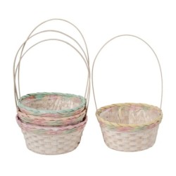 Panier rond à anse en bambou bord pastel Ø28 H.13 cm (H.46 cm avec anse) - 4 couleurs assorties - grossiste en vannerie