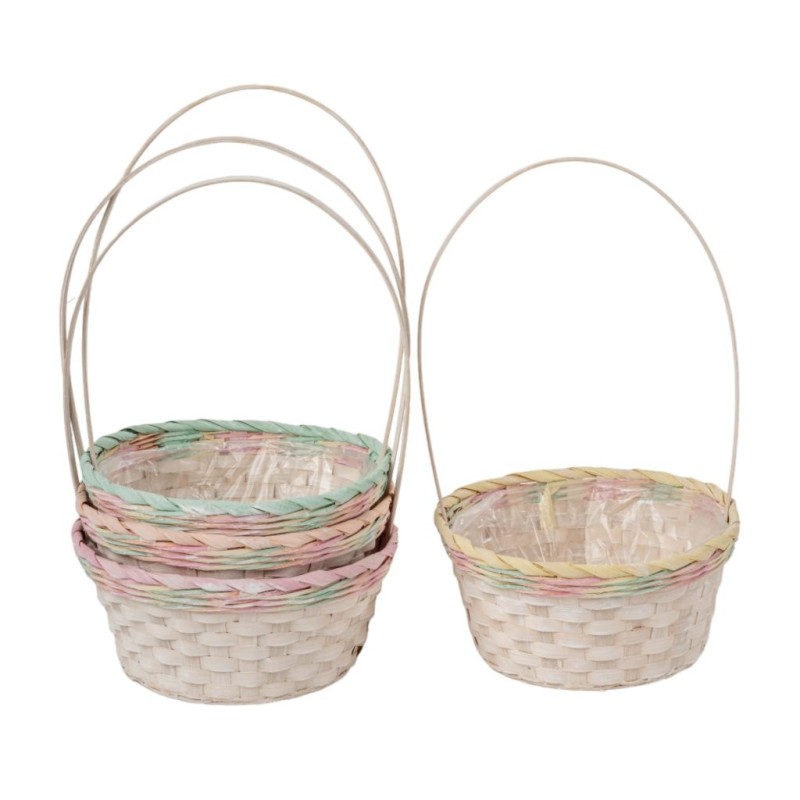 Panier rond à anse en bambou bord pastel Ø28 H.13 cm (H.46 cm avec anse) - 4 couleurs assorties - grossiste en vannerie