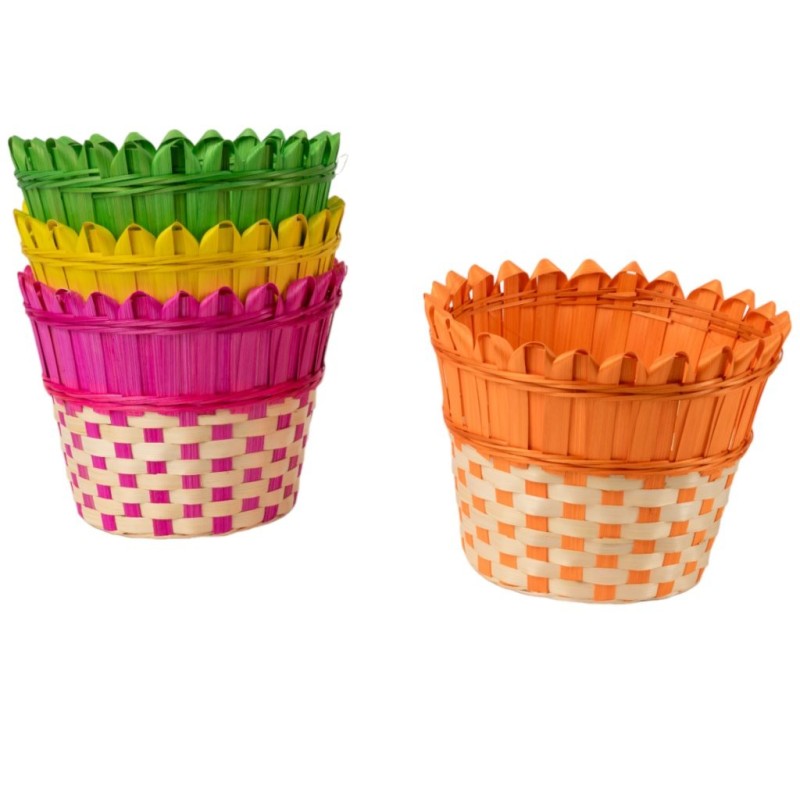 Cache-pot en bambou bord palissade Ø22 H.17 cm - 4 couleurs vives assorties - grossiste en vannerie
