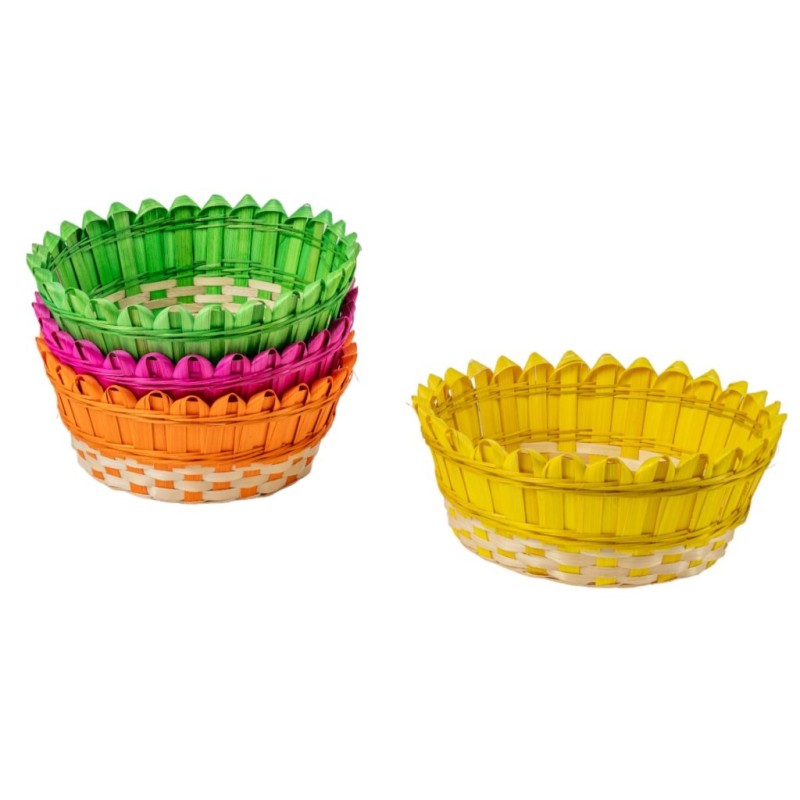 Coupe ronde en bambou bord palissade Ø25 H.10 cm - 4 couleurs vives assorties - grossiste en vannerie