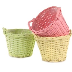 Cache-pot en osier à 2 anses Ø24 H.22 cm - 3 couleurs pastel assorties - grossiste en vannerie
