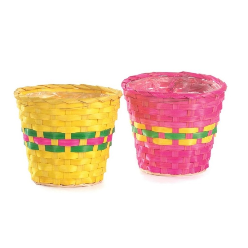 Cache-pot en bambou rayé multicolore Ø12 H.10 cm - 2 couleurs assorties - grossiste en vannerie