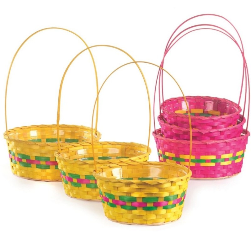 Panier rond à anse rayé multicolore - lot de 3  petit Ø21 H.10 cm et grand Ø26 H.11 cm - 2 couleurs - grossiste en vannerie