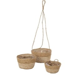Panier suspendu en herbe naturel et blanc  lot de 3 - grossiste en vannerie pour fleuristes