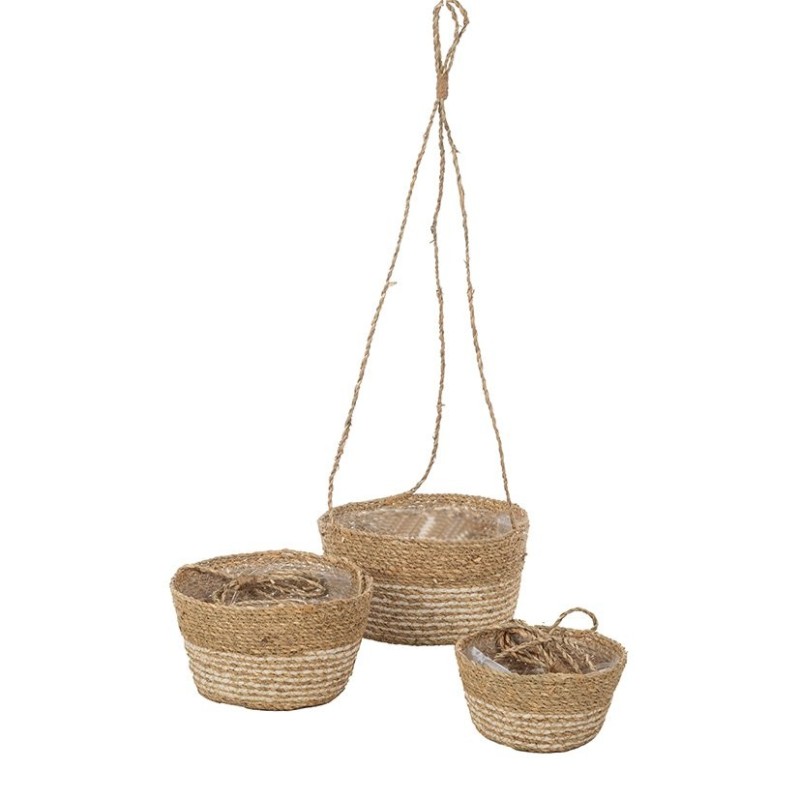 Panier suspendu en herbe naturel et blanc  lot de 3 - grossiste en vannerie pour fleuristes