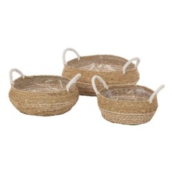 Cache-pot bas en herbe naturel et blanc  lot de 3 - grossiste en vannerie pour fleuristes