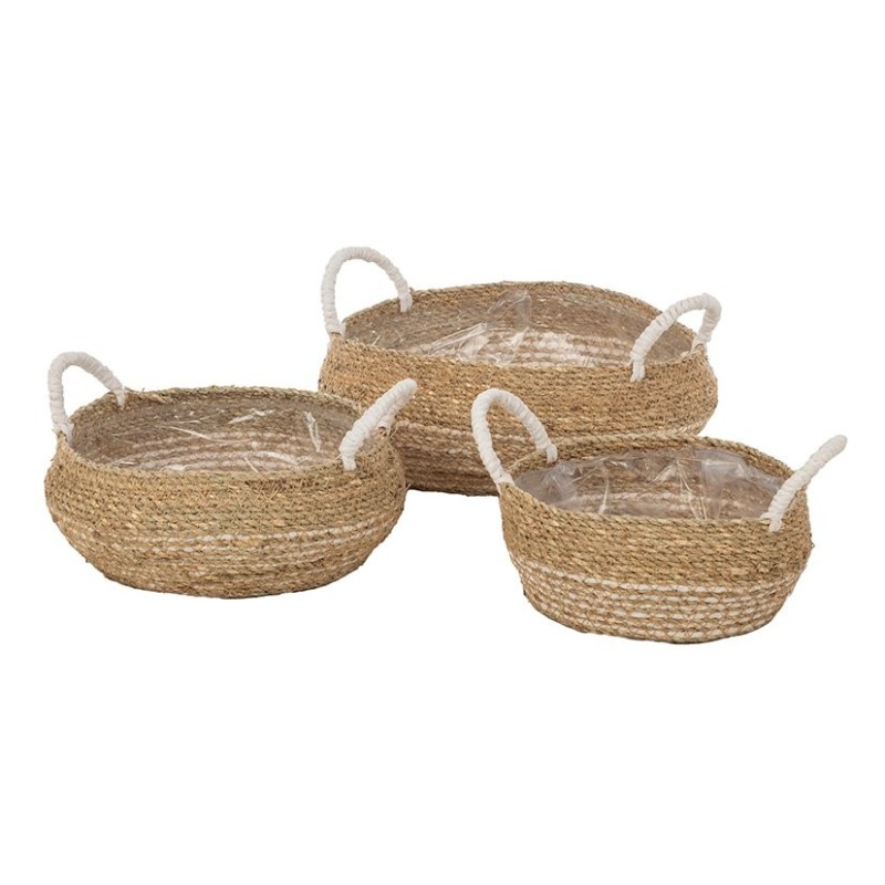 Cache-pot bas en herbe naturel et blanc  lot de 3 - grossiste en vannerie pour fleuristes