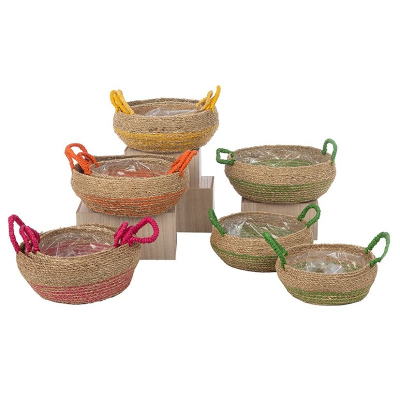 Cache-pot en herbe à anses colorées  lot de 3  4 couleurs - grossiste en vannerie pour fleuristes