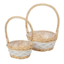 Petit panier rond en osier à anse blanc et naturel  set de 2 - grossiste en vannerie pour fleuristes