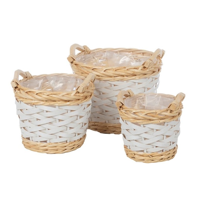 Panier rond en osier blanc et naturel  lot de 3 - vente en gros pour fleuristes