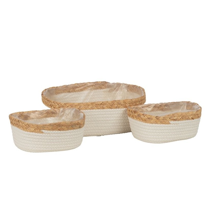 Panier rectangulaire en herbe et tissu blanc  lot de 3 - grossiste en vannerie pour fleuristes