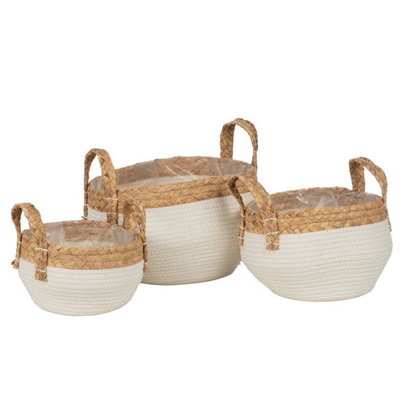 Cache-pot à anses en herbe et tissu blanc  lot de 3 - vente en gros pour fleuristes
