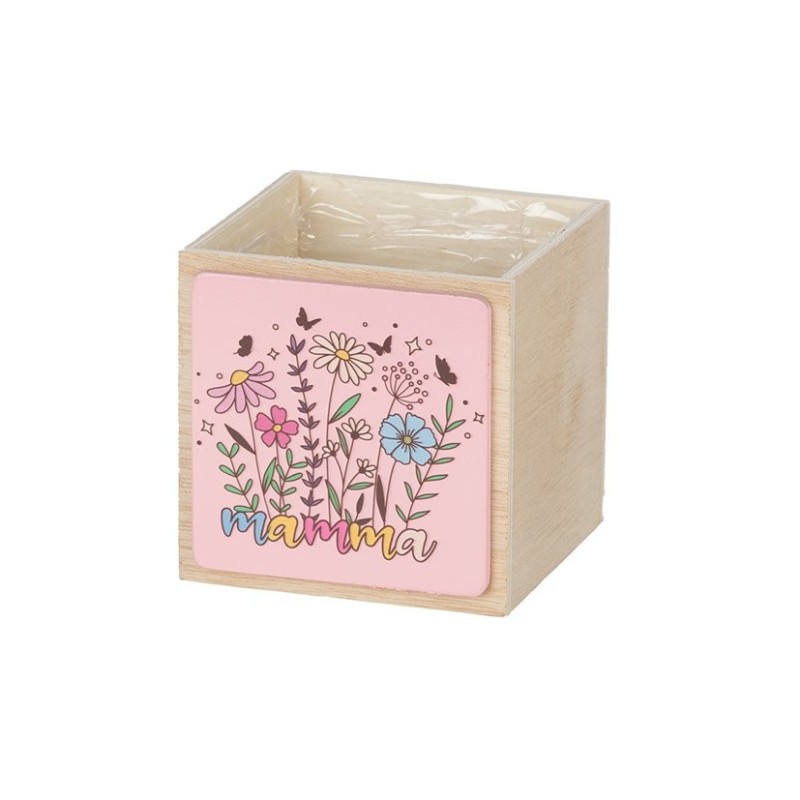Cube en bois fleurs maman rose 10 x 10 H.10 cm  grossiste en contenants pour fleuristes