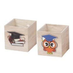 Cube en bois lauréat hibou et livres 12 x 12 H.12 cm  grossiste en cadeaux de fin d'année scolaire