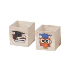 Cube en bois lauréat hibou et livres 10 x 10 H.10 cm  vente en gros pour fleuristes