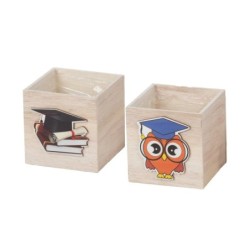 Petit cube en bois lauréat hibou et livres 8 x 8 H.8 cm  grossiste en cadeaux de fin d'année scolaire
