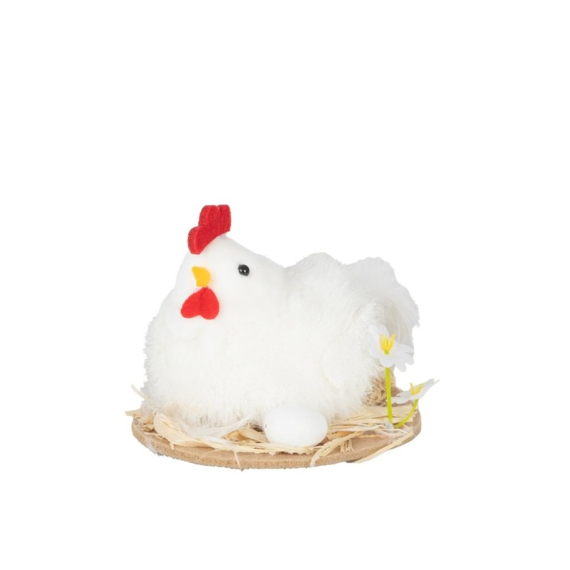 Poule blanche sur base en bois avec œuf 9 cm - grossiste en décoration de Pâques