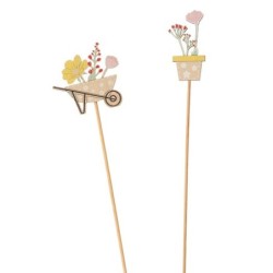 Pique en bois brouette et pot de fleurs H.50 cm - grossiste en décoration de printemps