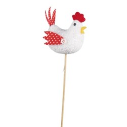 Pique poule blanche aux ailes à pois rouges 7 cm - grossiste en décoration de Pâques