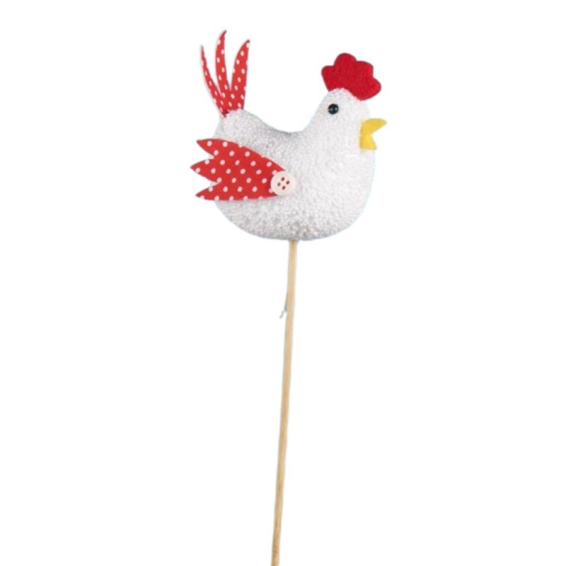 Pique poule blanche aux ailes à pois rouges 7 cm - grossiste en décoration de Pâques