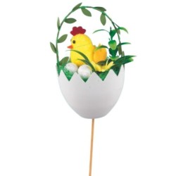 Pique coquille d'œuf garnie poule et œufs H.35 cm - grossiste en décoration de Pâques