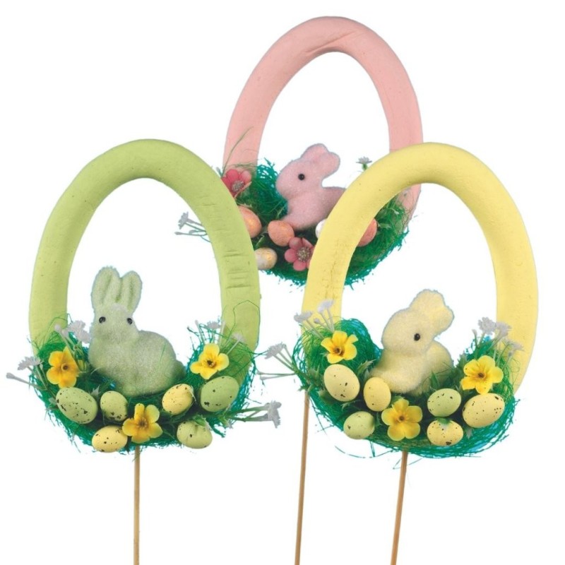 Pique cadre œuf avec lapin 14 cm H.35 cm lot de 3 - grossiste en décoration de Pâques