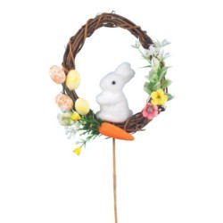 Pique couronne en rotin avec lapin et œufs H.35 cm - grossiste en décoration de Pâques