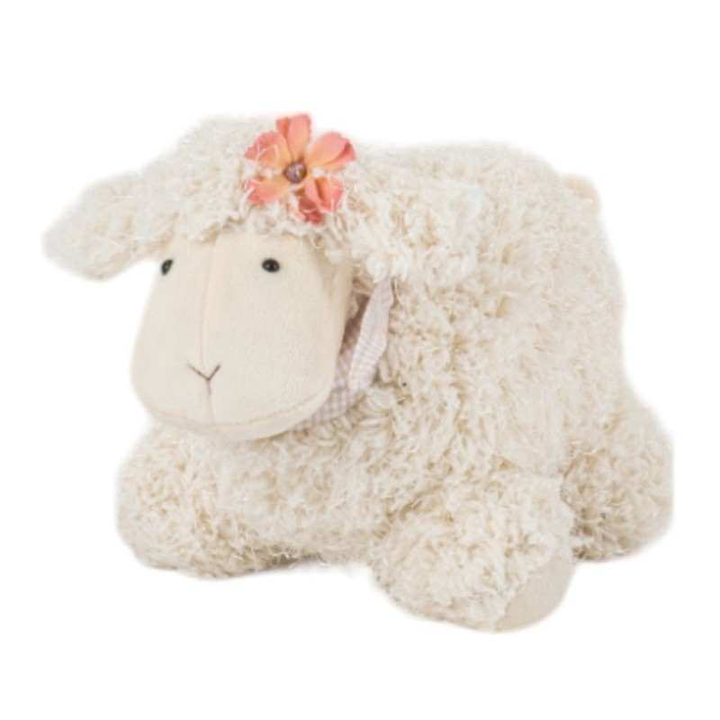 Mouton cale-porte en tissu crème H.24 cm  grossiste en cadeaux de naissance  vente en gros pour fleuristes