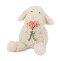 Mouton cale-porte en tissu crème assis avec fleurs H.45 cm  grossiste en cadeaux de printemps