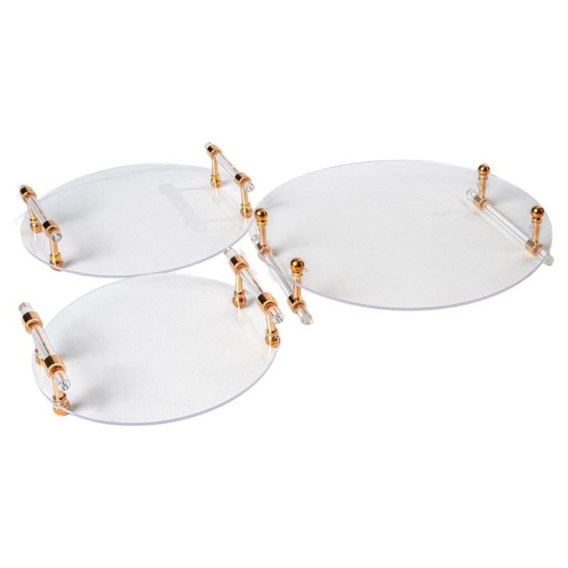 Set de 3 plateaux ronds en plexiglas poignées dorées  grossiste en présentoirs pour fleuristes et commerçants