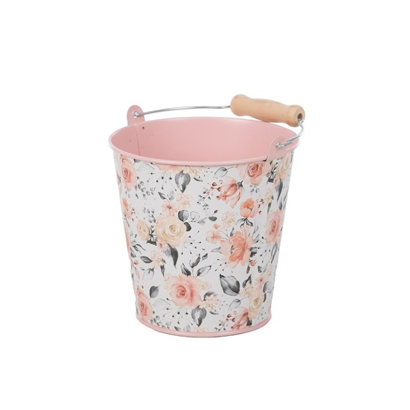 Petit seau rose à motif roses en fer-blanc Ø13 H.12 5 cm - grossiste en contenants pour fleuristes