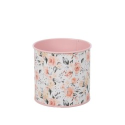Cache-pot rose à motif roses en fer-blanc Ø13 H.12 5 cm - grossiste en cache-pots