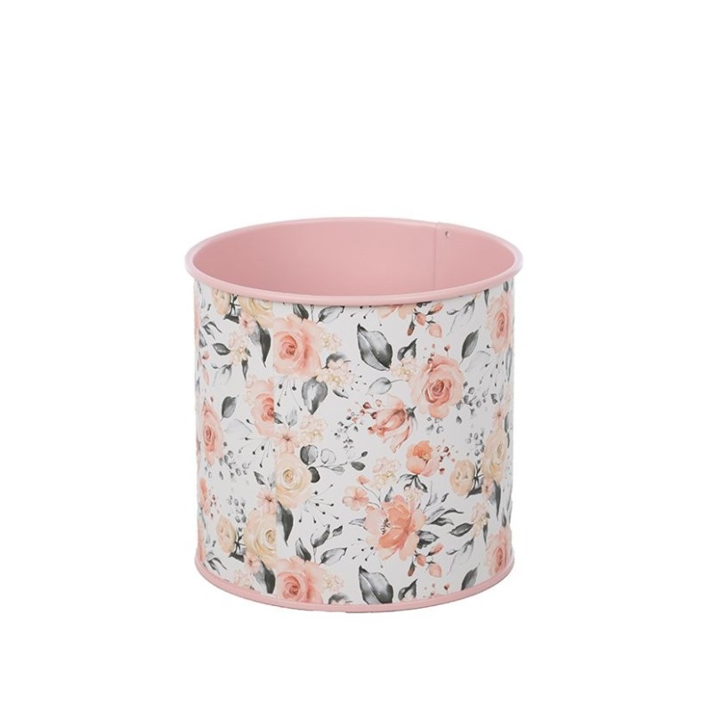 Cache-pot rose à motif roses en fer-blanc Ø13 H.12 5 cm - grossiste en cache-pots