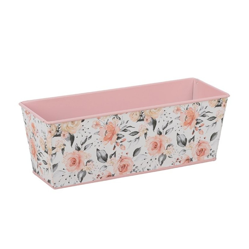 Jardinière rectangulaire rose à motif roses 22 5 x 8 H.8 cm - vente en gros pour fleuristes